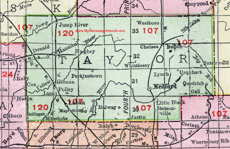 Taylor County, Wisconsin, map, Medford, Rib Lake, Holway, Little Black, Westboro, Stetsonville, historic