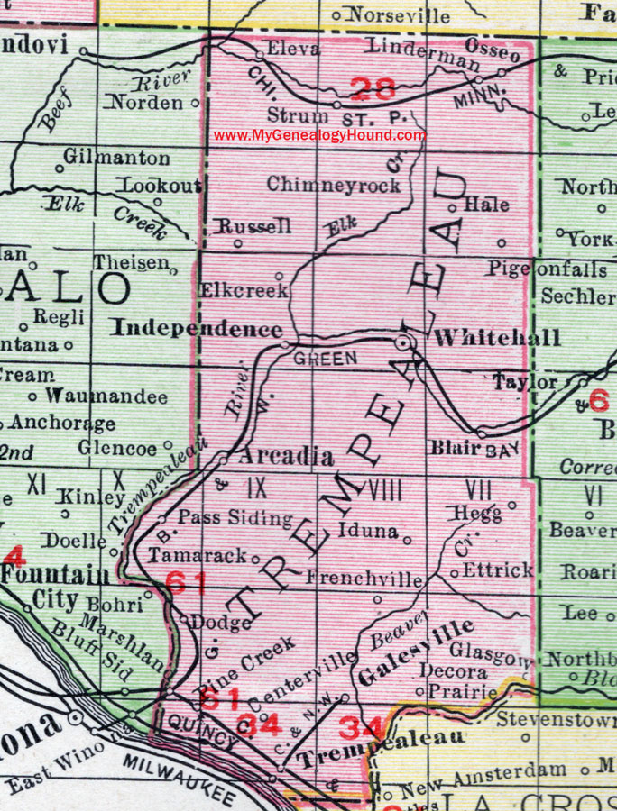 Trempealeau County, Wisconsin, map, Whitehall, Arcadia, Blair, Galesville, Independence, Osseo, Strum, Ettrick, historic