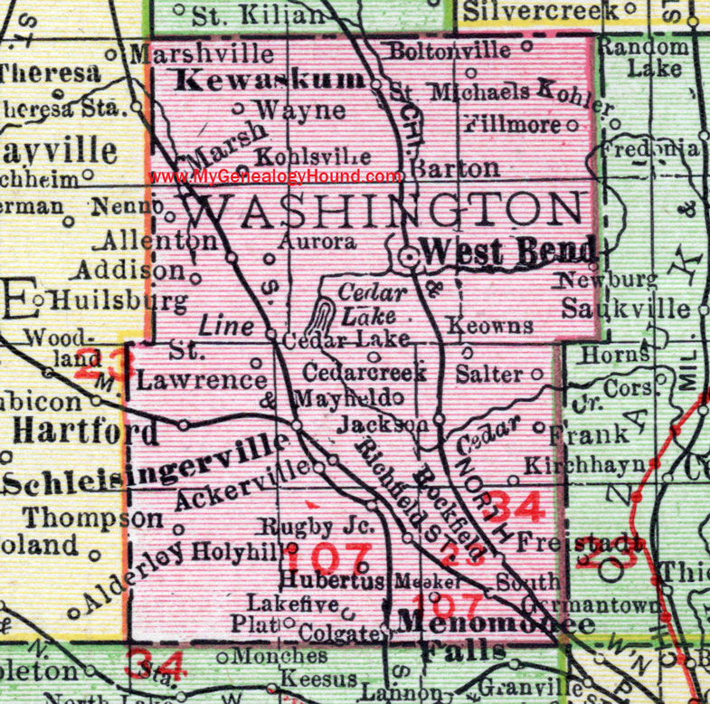 Washington County, Wisconsin, map, West Bend, Hartford, Germantown, Jackson, Kewaskum, Richfield, Addison, Barton, historic