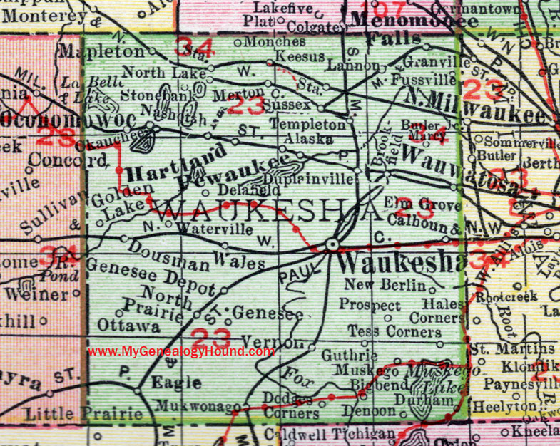Waukesha County, Wisconsin, map, Waukesha City, Brookfield, Menomonee Falls, Delafield, Muskego, New Berlin, Oconomowoc, Pewaukee, Sussex, historic