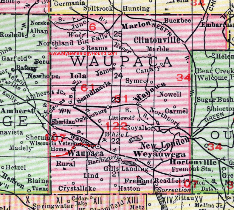 Waupaca County, Wisconsin, map, Waupaca City, New London, Clintonville, Manawa, Weyauwega, Iola, Lind, Royalton, historic