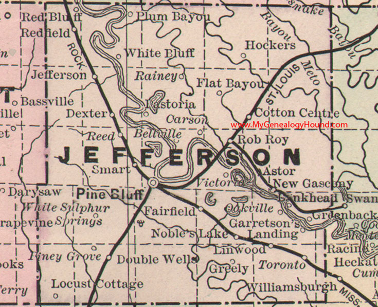 Jefferson County, Arkansas Map 1889 Pine Bluff, Redfield, White Sulphur Springs, Rob Roy, Rainey, Toronto, AR