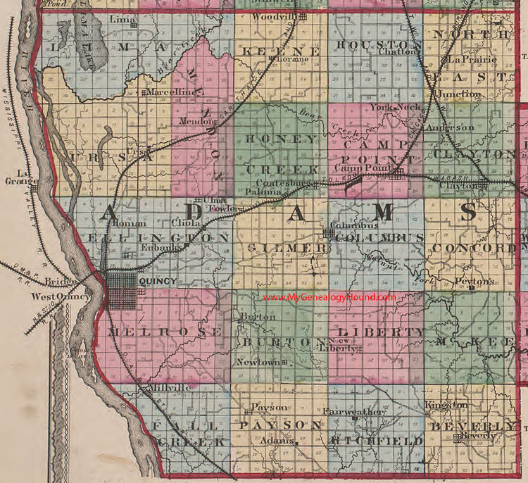 Adams County, Illinois 1870 Map Quincy, Payson, Mendon, Camp Point, Coatsburg, Liberty, Eubanks, Clayton, Kingston, IL