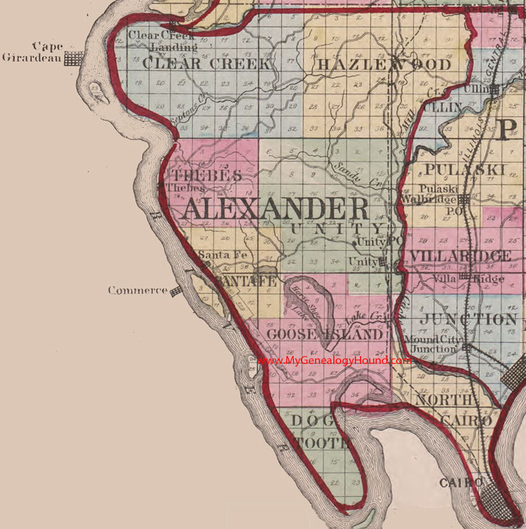 Alexander County, Illinois 1870 Map Cairo, Clear Creek Landing, Thebes, Santa Fe, Unity, IL