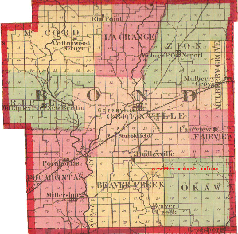 Bond County, Illinois 1870 Map Greenville, Millersburg, Pocahontas, Fairview, Dudleyville, New Berlin, Neport, Woburn, Mulberry Grove, IL