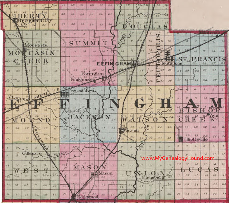 Effingham County, Illinois 1870 Map Teutopolis, Freemantown, Beecher City, Ewington, Watson, Elliottsville, Mason, Edgewood, IL