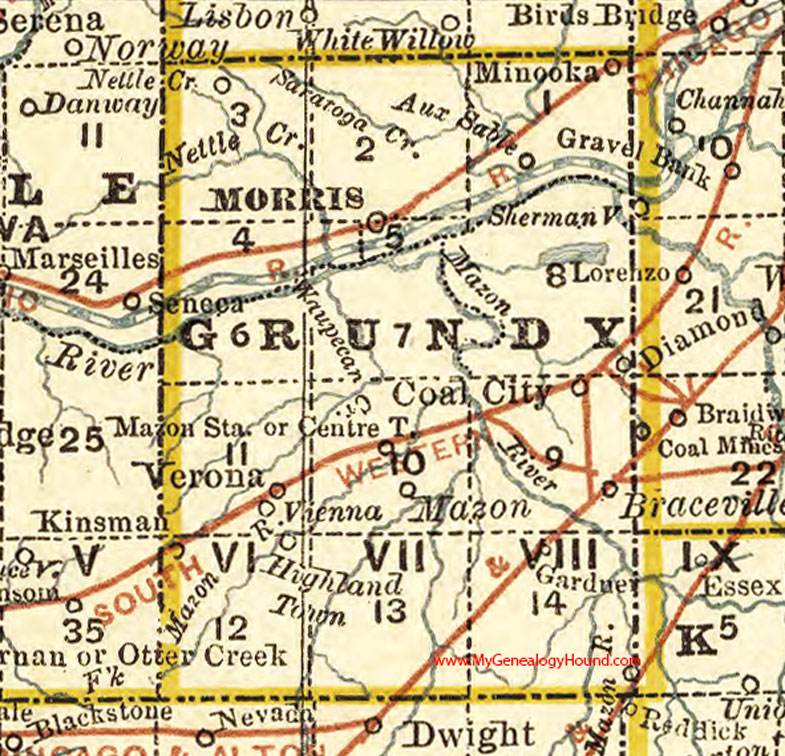 Grundy County, Illinois 1881 Map, Morris, Mazon, Verona, Coal City, Minooka, Braceville, Gardner, Diamond