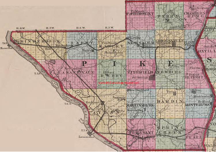 Pike County, Illinois 1870 Map Pittsfield, Griggsville, Pleasant Hill, Pearl, Perry, Barry, Kinderhook, New Canton, Hull, IL