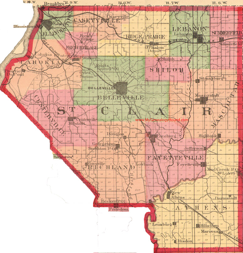 St. Clair County, Illinois 1870 Map Belleville, East St. Louis, Waterloo, Lebanon, Maseoutah, Freeburg, Fayetteville, New Athens, IL