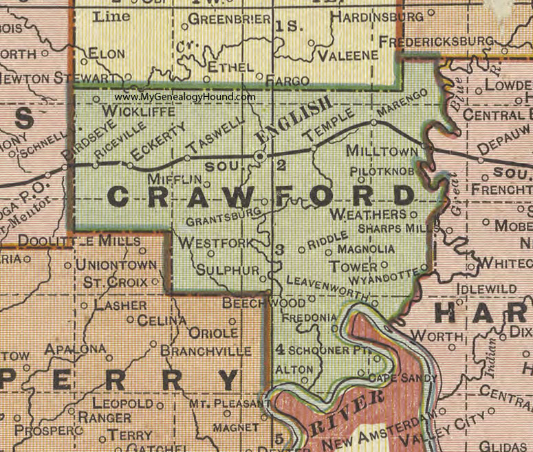 Crawford County, Indiana, 1908 Map, English, Marengo, Milltown, Taswell, Eckerty, Weathers, Mifflin, Temple, Fredonia, Grantsburg, Riceville