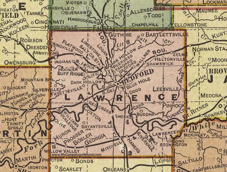 Lawrence County, Indiana, 1908 Map, Bedford, Oolitic, Williams, Heltonville, Tunnelton, Avoca, Mitchell, Huron, Dodd, Guthrie, Hoosier, Prosser, Bosler
