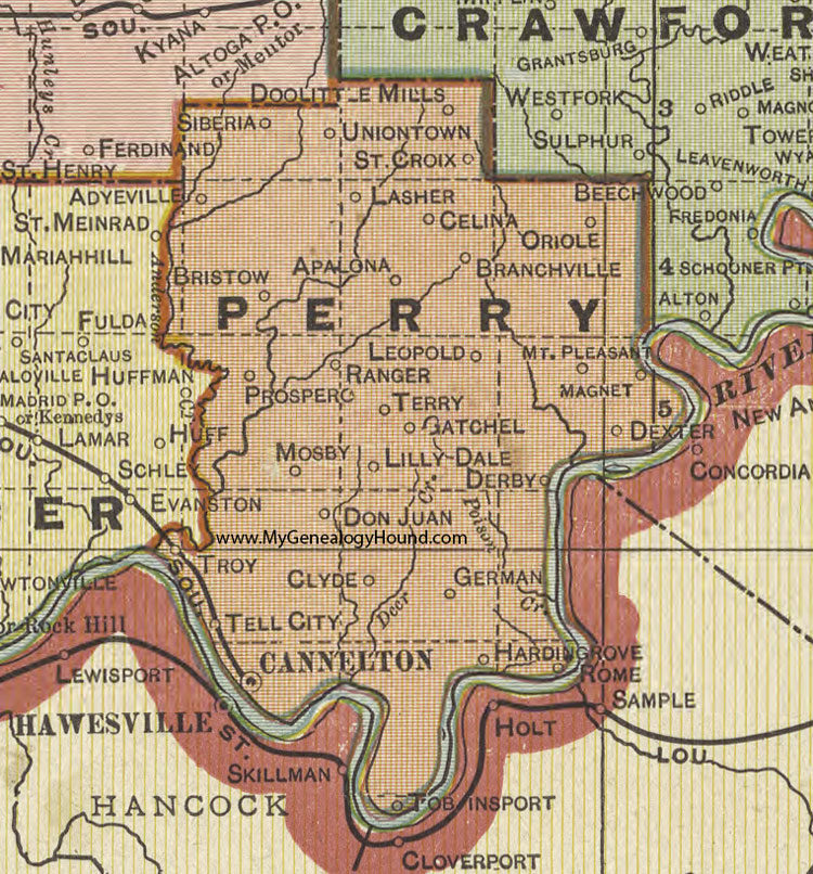 Perry County, Indiana, 1908 Map, Tell City, Cannelton, St. Croix, Troy, Rome, Tobinsport, Bristow, Magnet, Derby, Gatchel, Don Juan