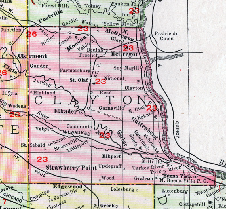 Clayton County, Iowa, 1911, Map, Elkader, Monona, Guttenberg, Garnavillo, Elkport, Garber, Volga, Strawberry Point, Edgewood, Littleport, Clayton, St. Olaf, Millville, North Buena Vista, Farmersburg, McGregor, Communia, Schrunks, Sny Magill