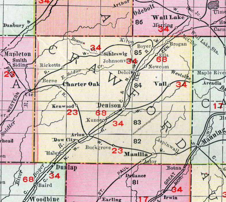 Crawford County, Iowa, 1911, Map, Denison, Charter Oak, Schleswig, Manilla, Vail, Westside, Deloit, Dow City, Arion, Buck Grove, Aspinwall, Kiron, Boyer, Ricketts, Brogan, Kunze, Astor, Newcom, Berne