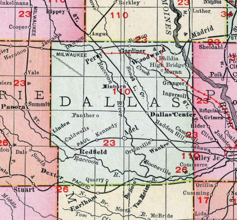 Dallas County, Iowa, 1911, Map, Adel, Perry, Redfield, Waukee, Woodward, Dawson, Bouton, Granger, Dallas Center, Linden, Minburn, Dexter, De Soto, Van Meter, Ingersoll, Booneville, Gardiner, Phildia, Moran