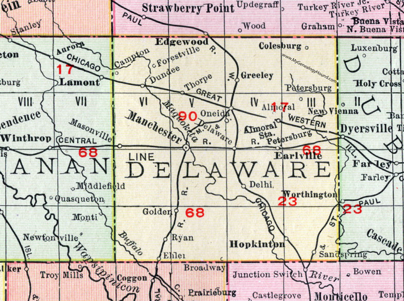 Delaware County, Iowa, 1911, Map, Manchester, Earlville, Masonville, Delaware, Dundee, Greeley, Colesburg, Delhi, Ryan, Hopkinton, Broadway, Ehler, Thorpe, Almoral, Sand Springs, Petersburg, Campton, Oneida