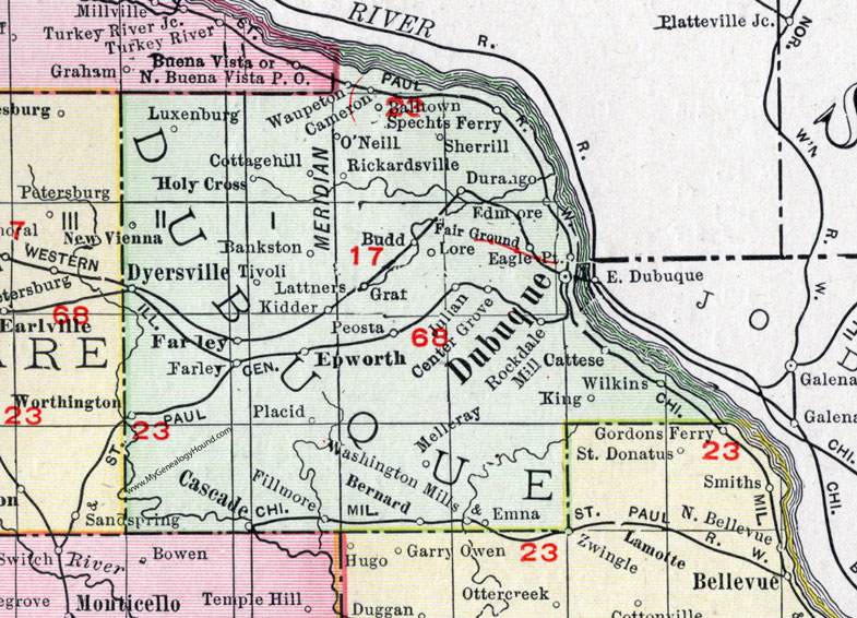 Dubuque County, Iowa, 1911, Map, Dubuque City, Dyersville, Cascade, Epworth, Farley, Worthington, Luxenburg, Holy Cross, Rickardsville, Bankston, New Vienna, Graf, Balltown, Durango, Sherrill, Tivoli, Peosta, Bernard, Cattese, Zwingle