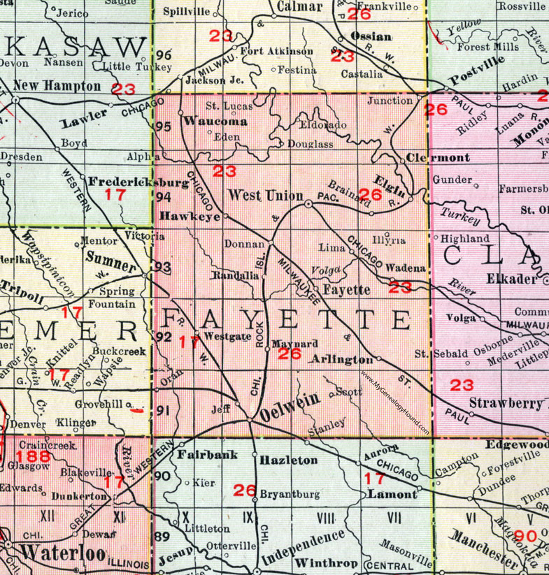 Fayette County, Iowa, 1911, Map, West Union, Oelwein, Fayette City, Waucoma, Hawkeye, Wadena, Arlington, Maynard, Westgate, Randalia, Clermont, Elgin, St. Lucas, Eldorado, Eden, Illyria, Donnan, Brainard, Oran, Scott