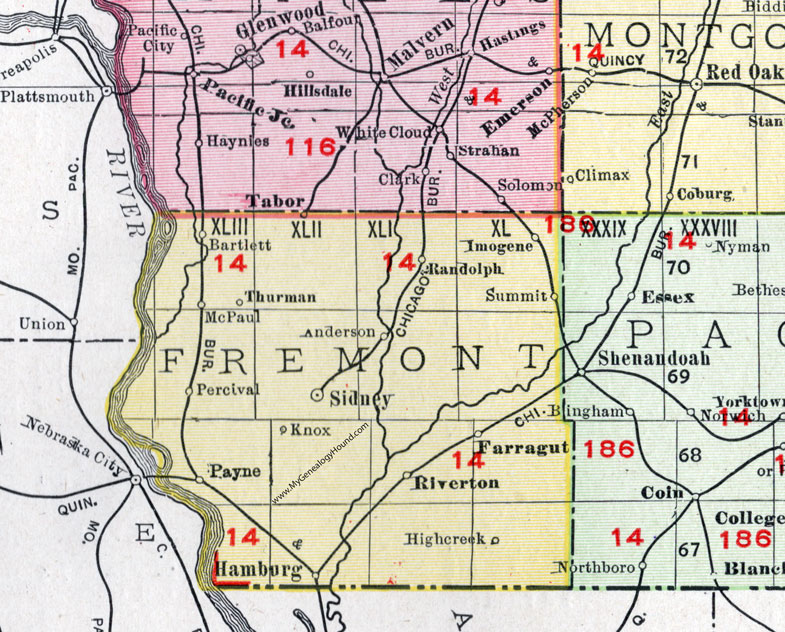 Fremont County, Iowa, 1911, Map, Sidney, Hamburg, Riverton, Farragut, Tabor, Randolph, Bartlett, Thurman, Percival, Imogene, Summit, High Creek, Knox, Anderson, Payne, McPaul