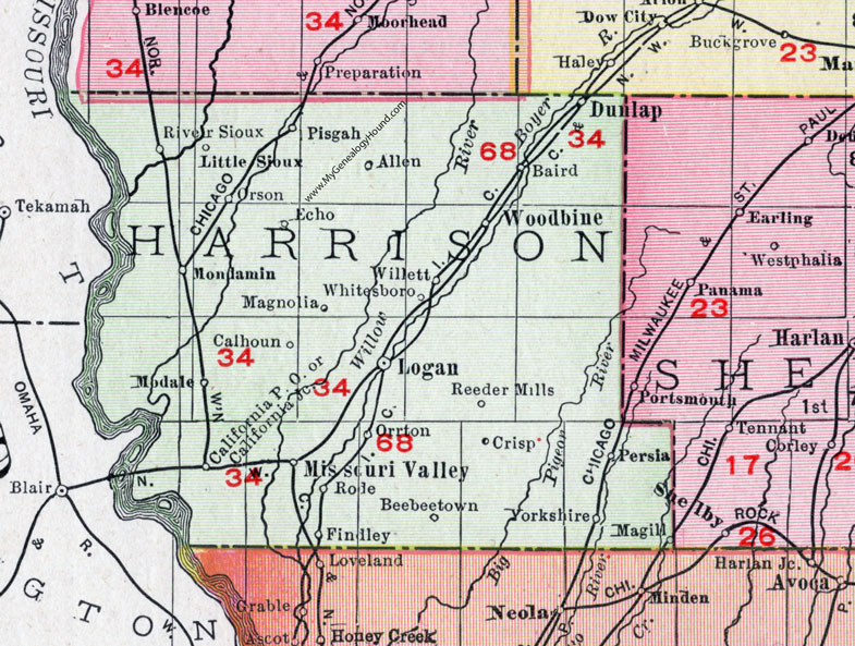 Harrison County, Iowa, 1911, Map, Logan, Missouri Valley, Woodbine, Dunlap, Little Sioux, Pisgah, Mondamin, Magnolia, River Sioux, Modale, Persia, Baird, Willett, Whitesboro, Calhoun, Reeder Mills, Magill, Findley, Yorkshire, Beebeetown, Orrton, Orson, Echo