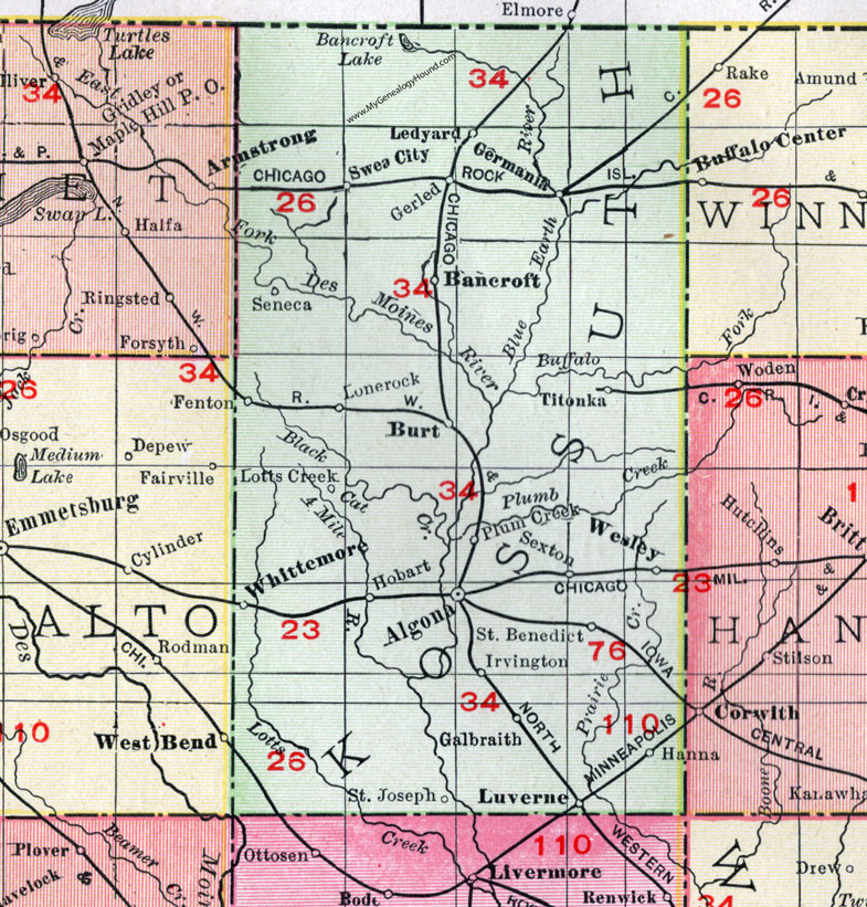 Kossuth County, Iowa, 1911, Map, Algona, Wesley, Whittemore, Titonka, Fenton, Swea City, Ledyard, Burt, Bancroft, LuVerne, St. Benedict, Germania, Seneca, Lone Rock, Hobart, Hanna, Galbraith, Sexton, Plum Creek, Irvington, St. Joseph