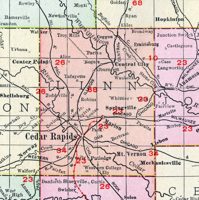 Linn County, Iowa, 1911, Map, Cedar Rapids, Marion, Mt. Vernon, Central City, Center Point, Walker, Coggon, Springville, Bertram, Robins, Fairfax, Ely, Lisbon, Prairieburg, Palo, Alburnett, Putledge, Paralta, Lafayette, Paris, Toddville