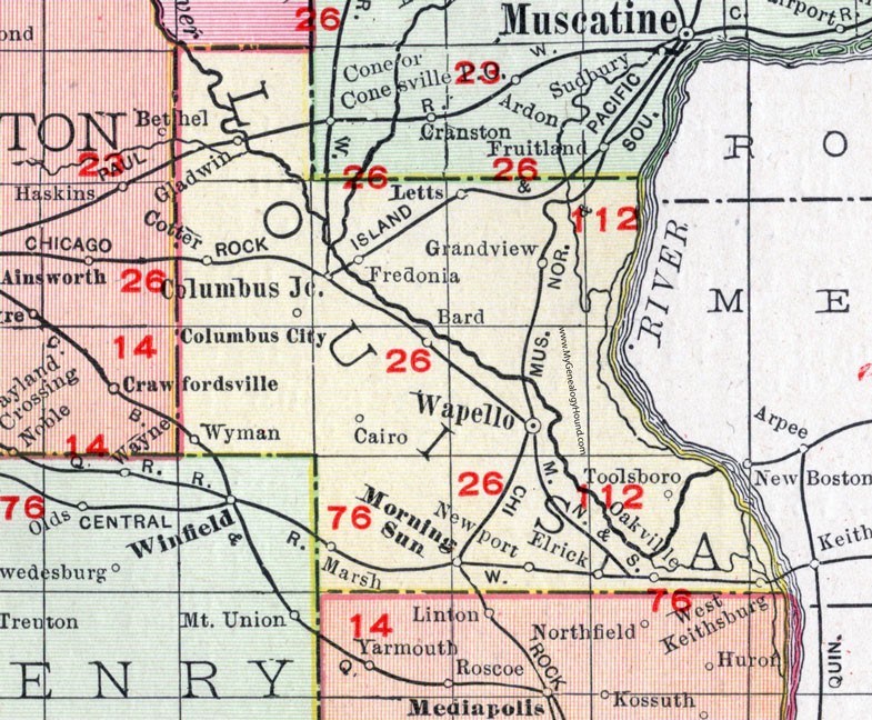 Louisa County, Iowa, 1911, Map, Wapello, Columbus Junction, Fredonia, Morning Sun, Oakville, Grandview, Letts, Columbus City, Cotter, Wyman, Cairo, Elrick, Toolsboro, Newport, Bard, Gladwin, Marsh, West Keithsburg 