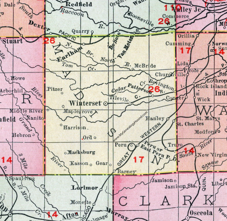 Madison County, Iowa, 1911, Map, Winterset, Earlham, St. Charles, Truro, Bevington, Patterson, East Peru, Maple Grove, Macksburg, McBride, Tileville, Harrison, Ord, Kasson, Gear, Barney, Hanley