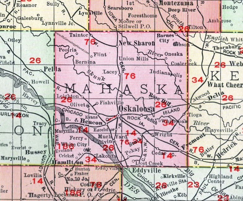 Mahaska County, Iowa, 1911, Map, Oskaloosa, New Sharon, Fremont, Rose Hill, Oneska, Indianapolis, Wright, Olivet, Taintor, Peoria, Givin, Much Yard, Pekay, Lakonta, Fishville, Beacon, Leighton, Bernina, Barnes City, Union Mills