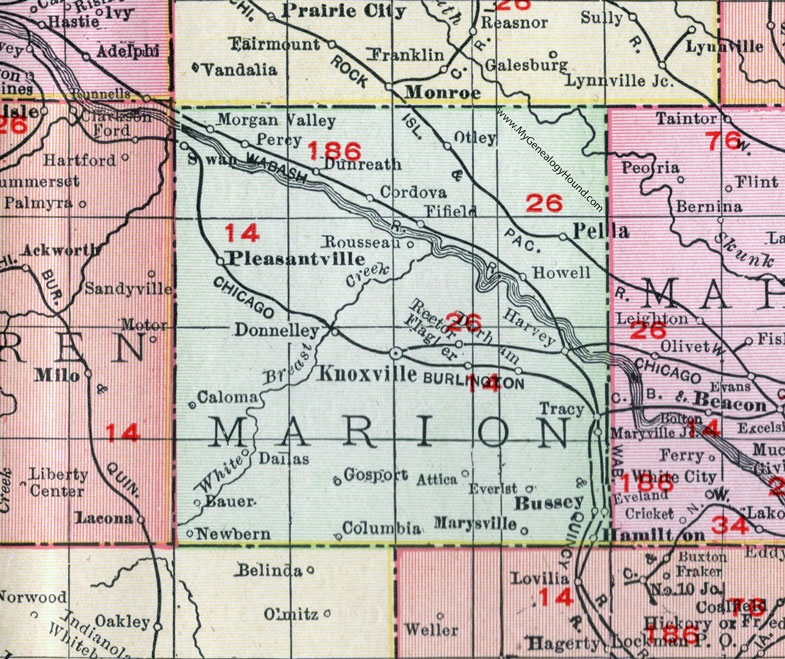 Marion County, Iowa, 1911, Map, Knoxville, Pella, Pleasantville, Bussey, Harvey, Hamilton, Dallas, Marysville, Swan, Morgan Valley, Otley, Cordova, Fifield, Rousseau, Donnelley, Flagler, Gosport, Attica, Eveland, Caloma, Otley, Durham, Percy