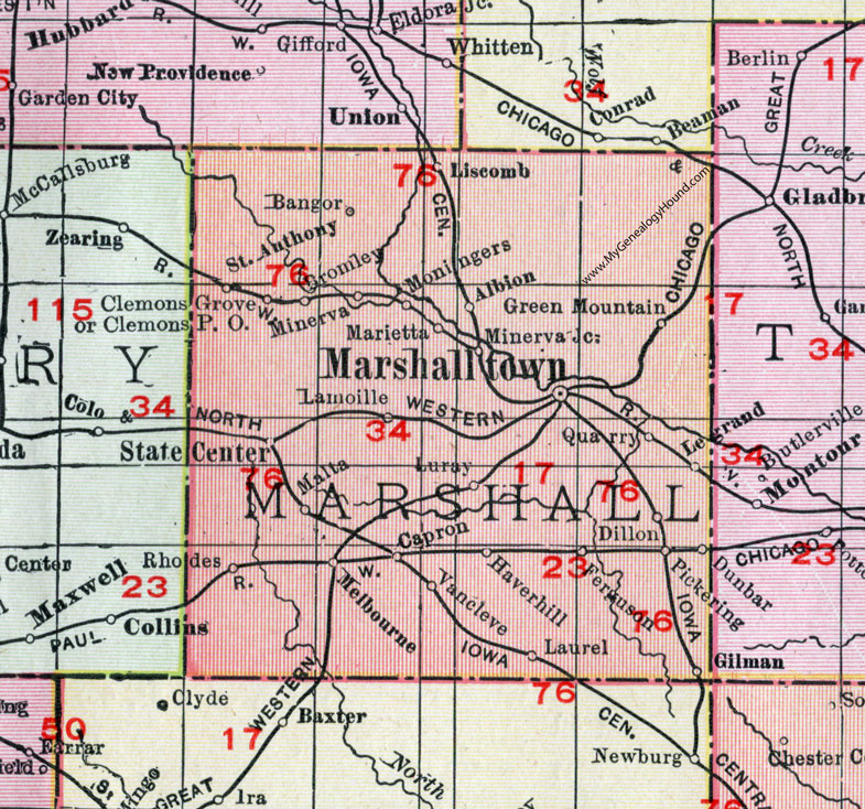 Marshall County, Iowa, 1911, Map, Marshalltown, Albion, Melbourne, State Center, Rhodes, Haverhill, Laurel, Ferguson, Gilman, Le Grand, Liscomb, St. Anthony, Bangor, Bromley, Moningers, Marietta, Green Mountain, Malta, Capron, Van Cleve, Gilman, Clemons