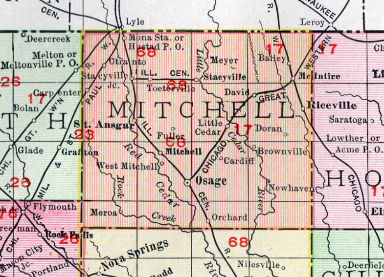 Mitchell County, Iowa, 1911, Map, Osage, St. Ansger, Stacyville, McIntire, Mitchell City, Carpenter, Riceville, Orchard, New Haven, Cardiff, Doran, Brownville, Meroa, Toeterville, Bailey, Hustad, Otranto, Little Cedar, David, Fuller