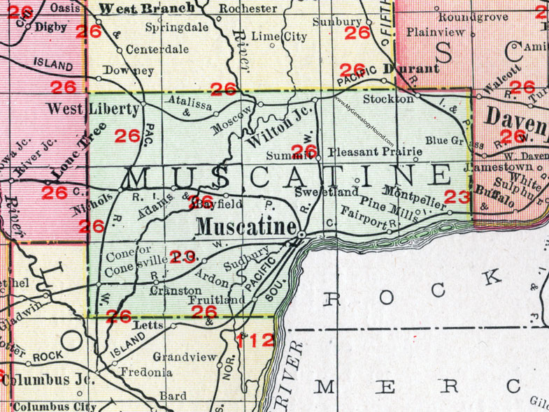Muscatine County, Iowa, 1911, Map, Muscatine City, West Liberty, Wilton, Atalissa, Nichols, Conesville, Fruitland, Moscow, Montpelier, Stockton, Pine Mills, Sweetland, Summit, Fairport, Sudbury, Cranston, Bayfield, Adams, Ardon