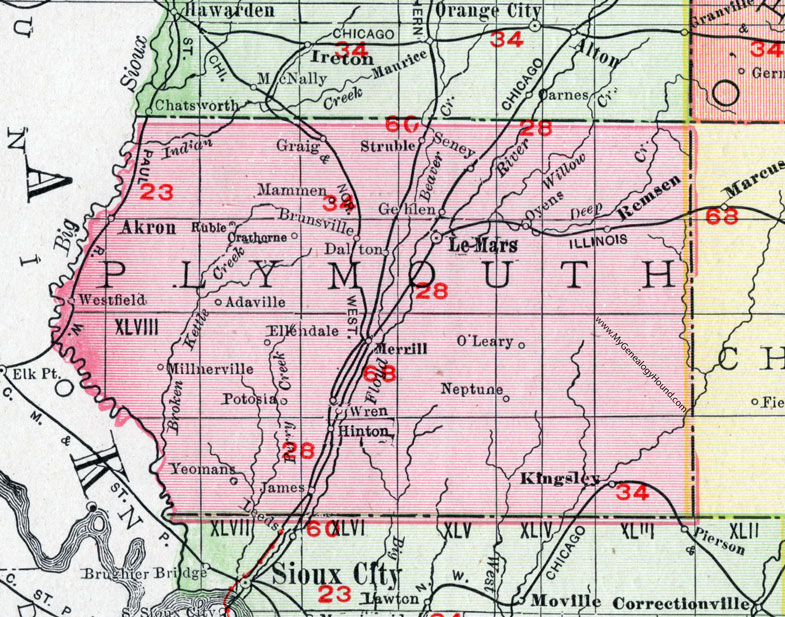 Plymouth County, Iowa, 1911, Map, Le Mars, Remsen, Akron, Kingsley, Merrill, Hinton, Brunsville, Westfield, Craig, Struble, Oyens, Ruble, Adaville, Potosia, Neptune, O'Leary, Seney, Mammen, Yeomans, Millnerville, Orathorne, Dalton