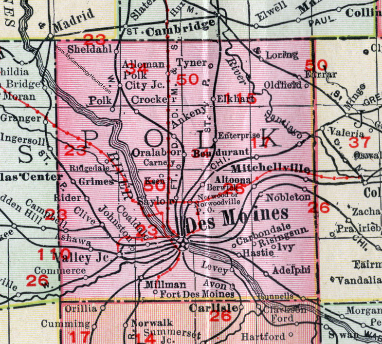 Polk County, Iowa, 1911, Map, Des Moines, Ankeny, Grimes, Altoona, Mitchellville, Bondurant, Polk City, Alleman, Johnston, Clive, Coaldale, Ridgedale, Keen, Saylor, Berwick, Hastie, Oralabor, Carney, Runnells, Rising Sun, Avon, Carbondale, Ashawa