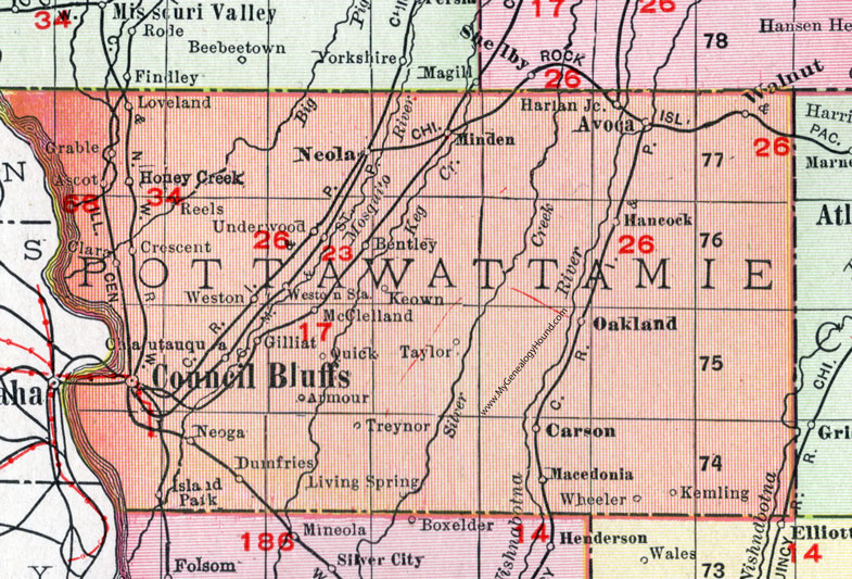 Pottawattamie County, Iowa, 1911, Map, Council Bluffs, Avoca, Oakland, Neola, Minden, Macedonia, Carson, McClelland, Crescent, Underwood, Hancock, Walnut, Honey Creek, Loveland, Keown, Grable, Ascot, Weston, Gilliat, Armour, Treynor, Kemling