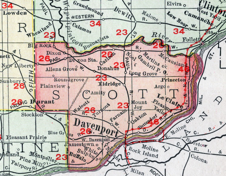 Scott County, Iowa, 1911, Map, Davenport, Bettendorf, Eldridge, Le Claire, Pleasat Valley, Blue Grass, Walcott, Buffalo, New Liberty, Dixon, Donahue, Long Grove, McCausland, Princeton, Oakton, Noel, Jamestown, Carlson, Gambril, Farnam, Mount Joy