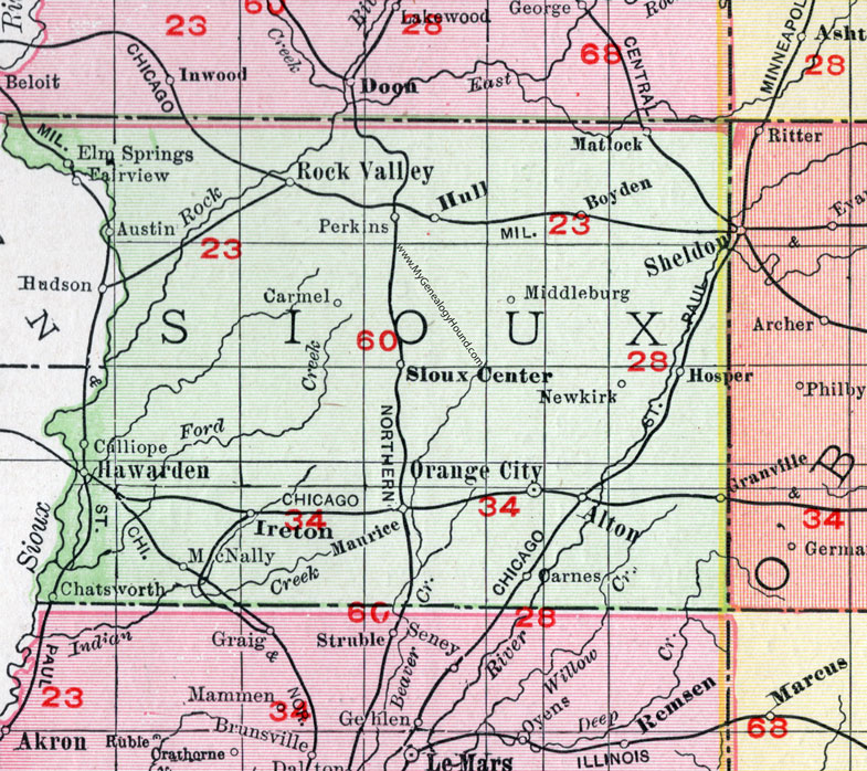 Sioux County, Iowa, 1911, Map, Sioux Center, Orange City, Rock Valley, Hawarden, Hull, Boyden, Hospers, Alton, Granville, Ireton, Maurice, Matlock, Chatsworth, Austin, Perkins, Newkirk, Carnes, Calliope, McNally, Carmel, Middleburg