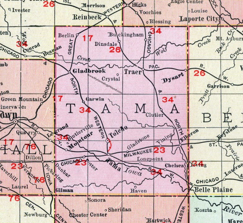 Tama County, Iowa, 1911, Map, Toledo, Tama City, Traer, Dysart, Gladbrook, Montour, Garwin, Clutier, Elberon, Vining, Chelsea, Gladstone, Irving, Butlerville, Berlin, Dinsdale, Potter, Buckingham, Crystal, Long Point, Haven