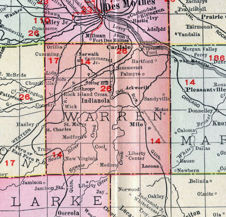 Warren County, Iowa, 1911, Map, Indianola, Carlisle, Norwalk, Milo, Lacona, New Virginia, St. Marys, Ackworth, Sandyville, Hartford, Spring Hill, Cumming, Medora, Lothrop, Orillia, Prole, Conger, Ford, Motor, Cool, Palmyra, Clarkson