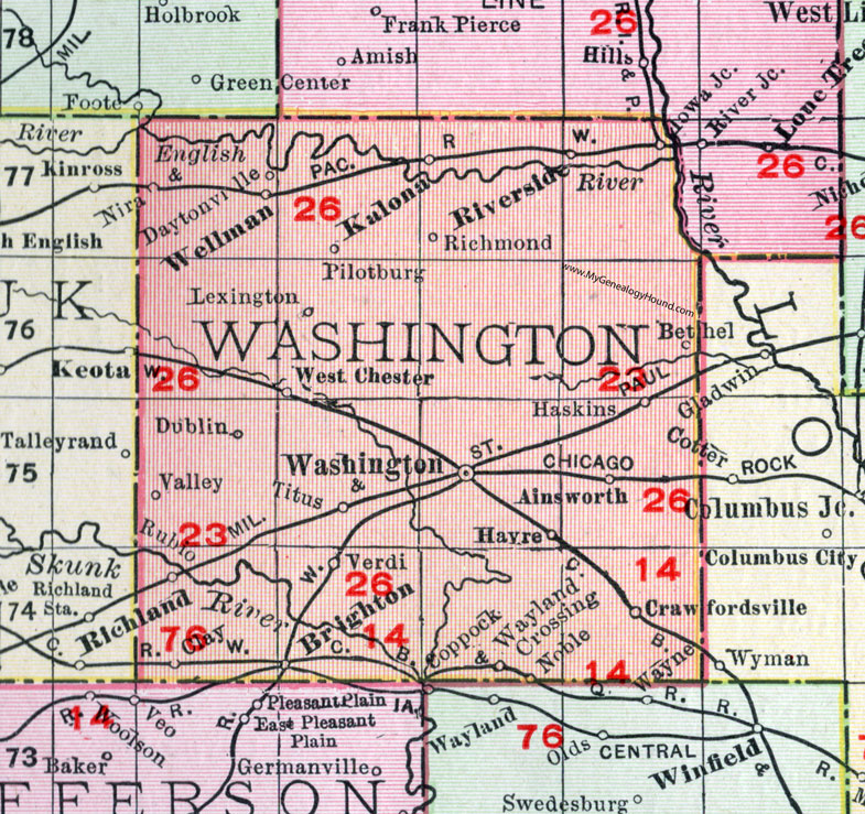 Washington County, Iowa, 1911, Map, Washington City, Kalona, Wellman, Brighton, Rubio, Crawfordsville, Ainsworth, West Chester, Riverside, Nira, Dublin, Titus, Verdi, Noble, Bethel, Pilotburg, Daytonville, Lexington, Richmond, Havre