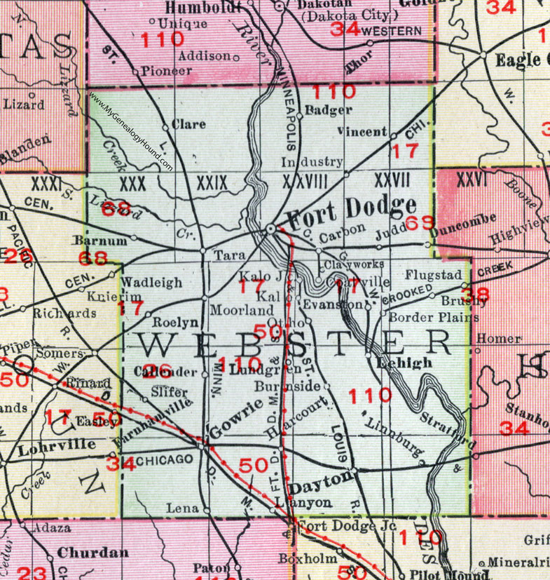 Webster County, Iowa, 1911, Map, Fort Dodge, Gowrie, Dayton, Callender, Harcourt, Lehigh, Otho, Moorland, Duncombe, Barnum, Clare, Badger, Vincent, Tara, Roelyn, Slifer, Lundgren, Lanyon, Flugstad, Brushy, Kalo, Judd