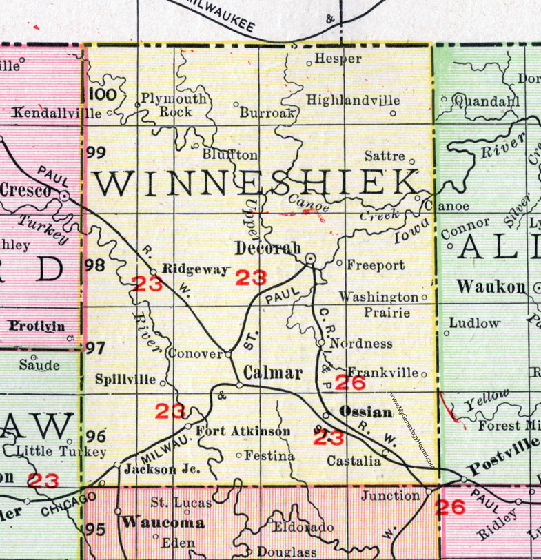 Winneshiek County, Iowa, 1911, Map, Decorah, Calmar, Ft. Atkinson, Ossian, Jackson Junction, Spillville, Castalia, Ridgeway, Plymouth Rock, Kendallville, Festina, Nordness, Freeport, Frankville, Sattre, Hesper, Canoe, Bluffton, Highlandville, Burr Oak