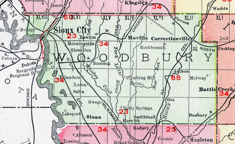 Woodbury County, Iowa, 1911, Map, Sioux City, Sergeant Bluff, Moville, Correctionville, Lawton, Pierson, Bronson, Cushing, Anthon, Oto, Salix, Luton, Sloan, Hornick, Smithland, Danbury, Flanders, Owego, Morningside, Danbury, Peiro, Brughier Bridge