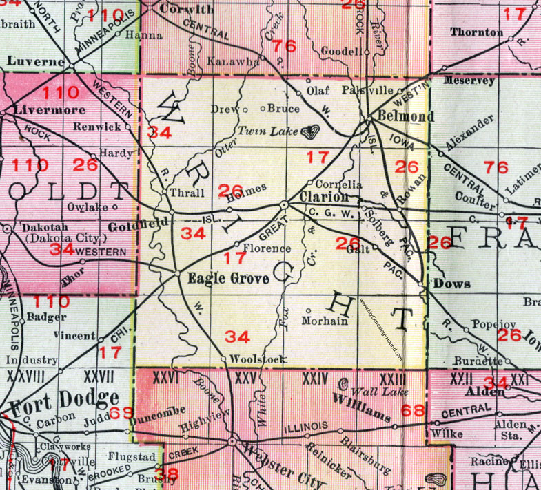 Wright County, Iowa, 1911, Map, Clarion, Belmond, Eagle Grove, Goldfield, Dows, Woolstock, Galt, Rowan, Olaf, Palsville, Thrall, Holmes, Cornelia, Morhain, Florence, Solberg, Drew, Bruce