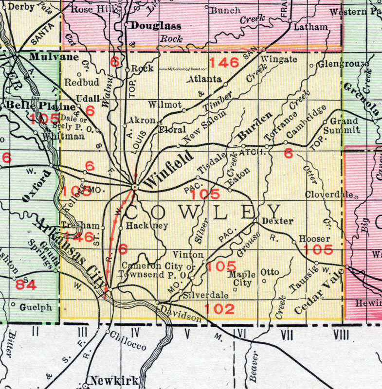 Cowley County, Kansas, 1911 Map, Arkansas City, Winfield, Hackney, Udall, Slverdale, Burden, Dexter, Atlanta, Cambridge, Maple City, Silverdale, Akron, Wilmot