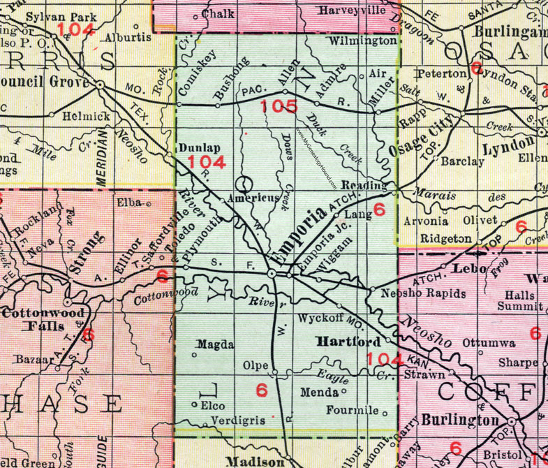 Lyon County, Kansas, 1911, Map, Emporia, Americus, Neosho Rapids, Hartford, Reading, Olpe, Plymouth, Bushong, Allen, Admire, Miller, Comiskey, Wiggam, Verdigris, Elco, Wyckoff, Menda