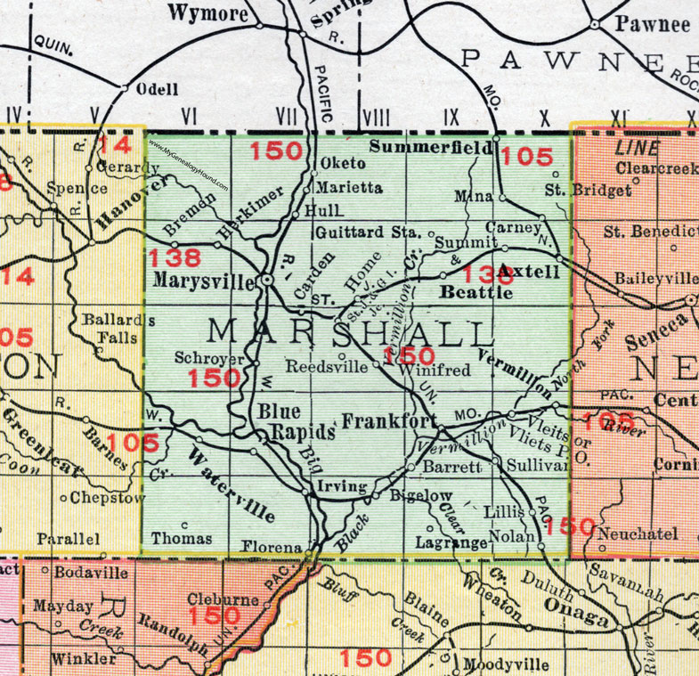 Marshall County, Kansas, 1911, Map, Marysville, Blue Rapids, Frankfort, Beattie, Axtell, Vermillion, Waterville, Oketo, Marietta, Summerfield, Home, Herkimer, Bremen, Carney, Bigelow, Barrett, Lillis, Schroyer