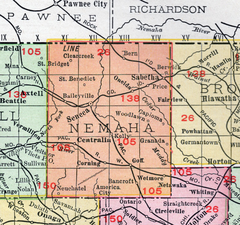 Nemaha County, Kansas, 1911, Map, Seneca, Sabetha, Centralia, Oneida, Baileyville, St. Benedict, Bern, Corning, Goff, Wetmore, Bancroft, America City, Neuchatel, Granada, Capioma