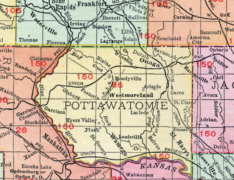 Pottawatomie County, Kansas, 1911, Map, Westmoreland, Wamego, St. Marys, Onaga, Havensville, Belvue, Emmett, Laclede, St. George, Louisville, Wheaton, Fostoria, Olsburg, Garrison, Arispie, Moodyville, Blaine, Duluth, Savannah, Havensville, Barco